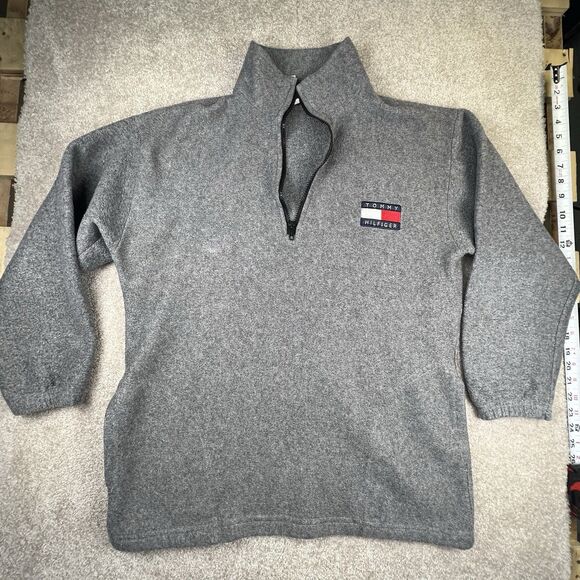 Vintage 90s Tommy Hilfiger Fleece Sweatshirt Mens Medium Pullover Gray 1/4 Zip - Picture 1 of 8